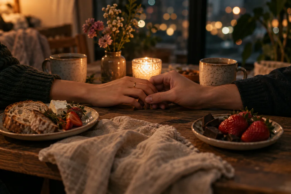 Hands held across a candlelit table